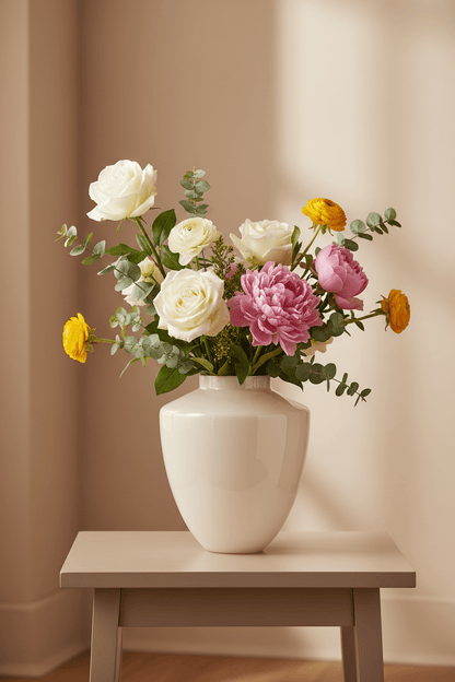 Glazen Tugela vaas in glanzende ivoorkleur met een bloemboeket op een houten bijzettafel.