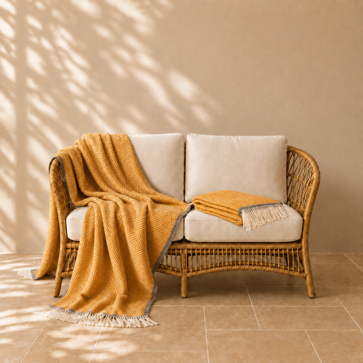 Venezia wollen plaid in okergeelkleur 140 × 200 cm, met aandacht voor materiaal, structuur en proportie.