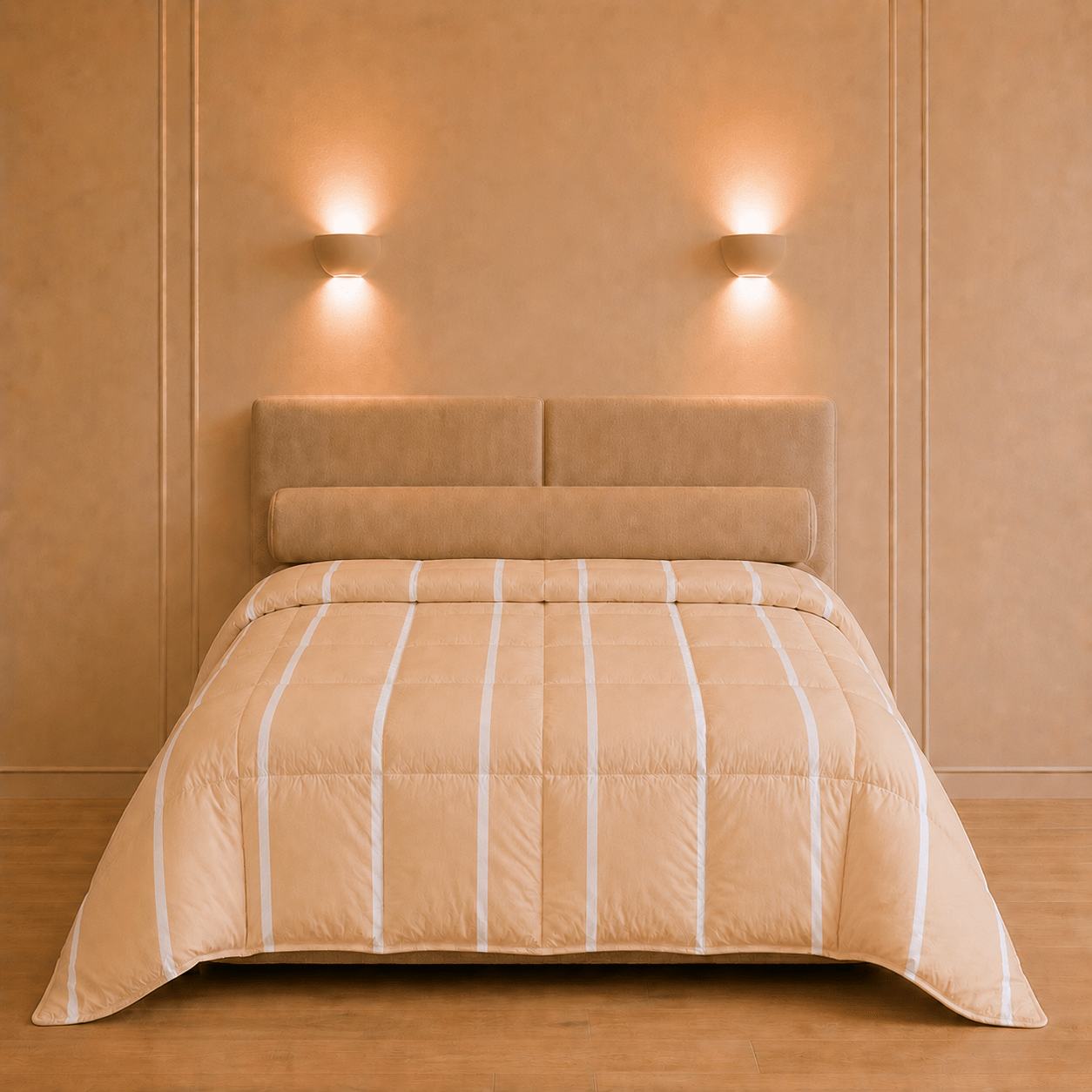 Extra ruim wit verkoelend dekbed van 240 × 200 cm op een tweepersoonsbed in een warme slaapkamer