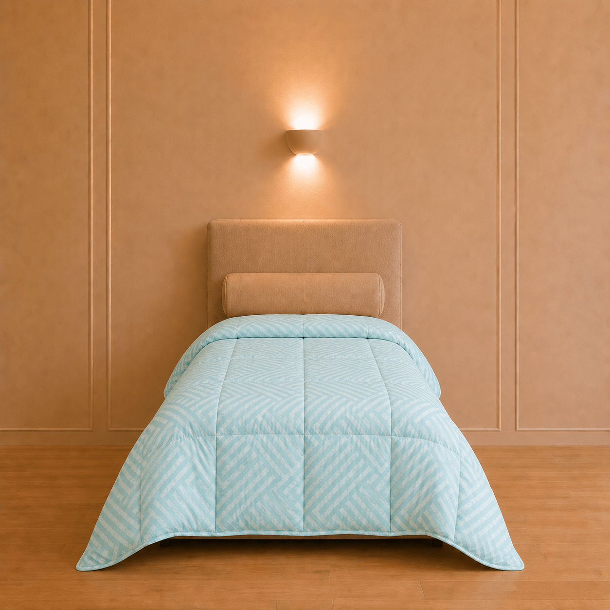 Licht verkoelend dekbed in aqua van 140 × 200 cm op een eenpersoonsbed in een warme slaapkamer