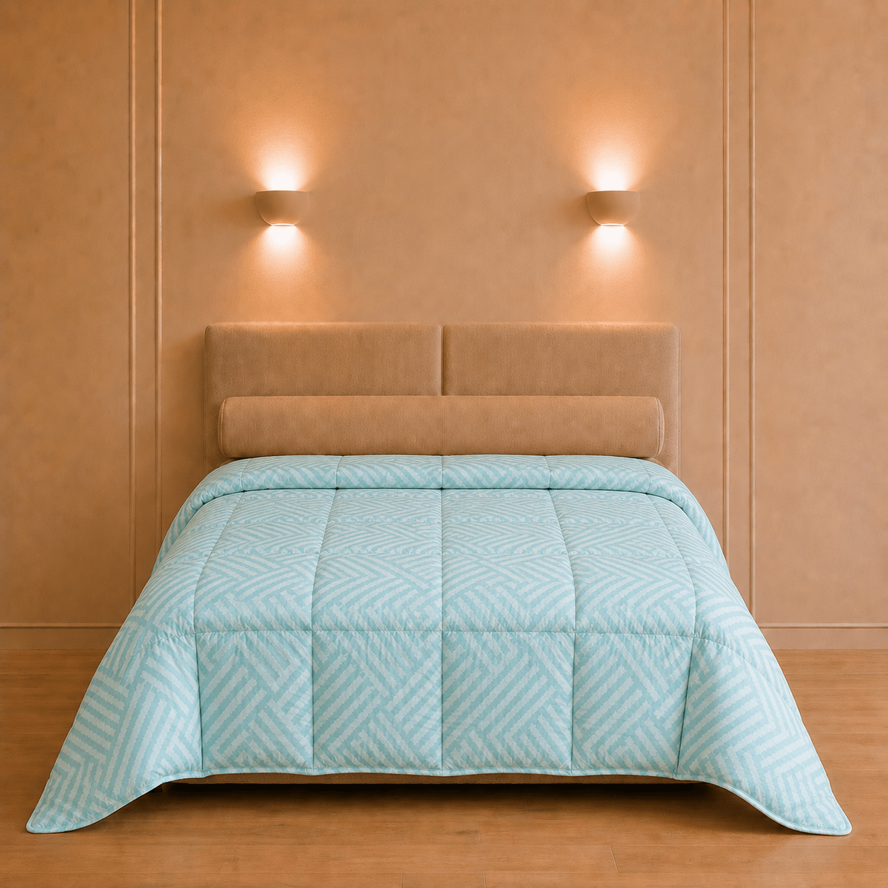Extra ruim verkoelend dekbed in aqua van 240 × 200 cm op een tweepersoonsbed in een warme slaapkamer