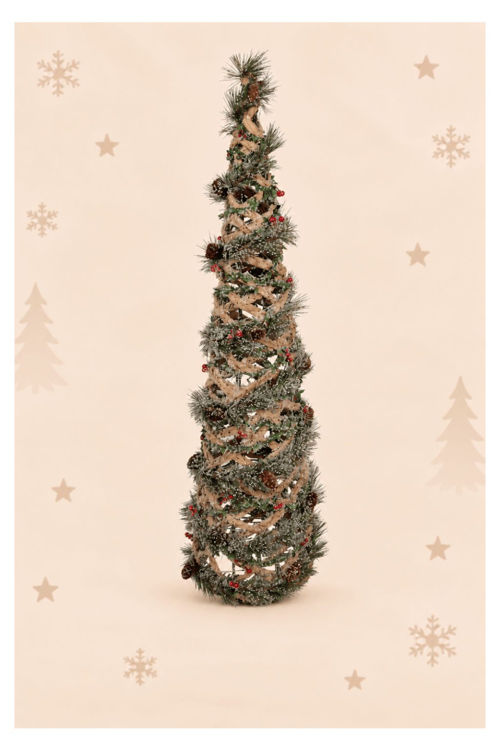 Groene rotan kerstboom van 99 cm met winterse decoratie en geïntegreerde LED verlichting van Clayre & Eef