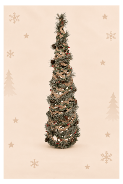Groene rotan kerstboom van 99 cm met winterse decoratie en geïntegreerde LED verlichting van Clayre & Eef