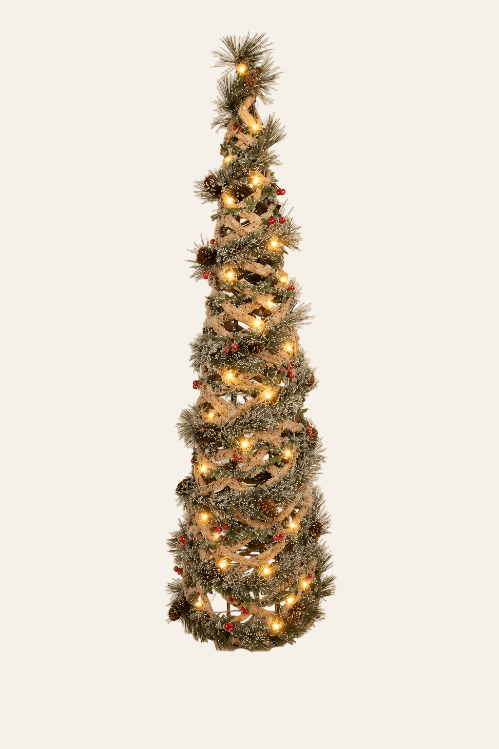Verlichte groene rotan kerstboom van 99 cm met brandende LED lichtjes en winterse kerstdecoratie van Clayre & Eef