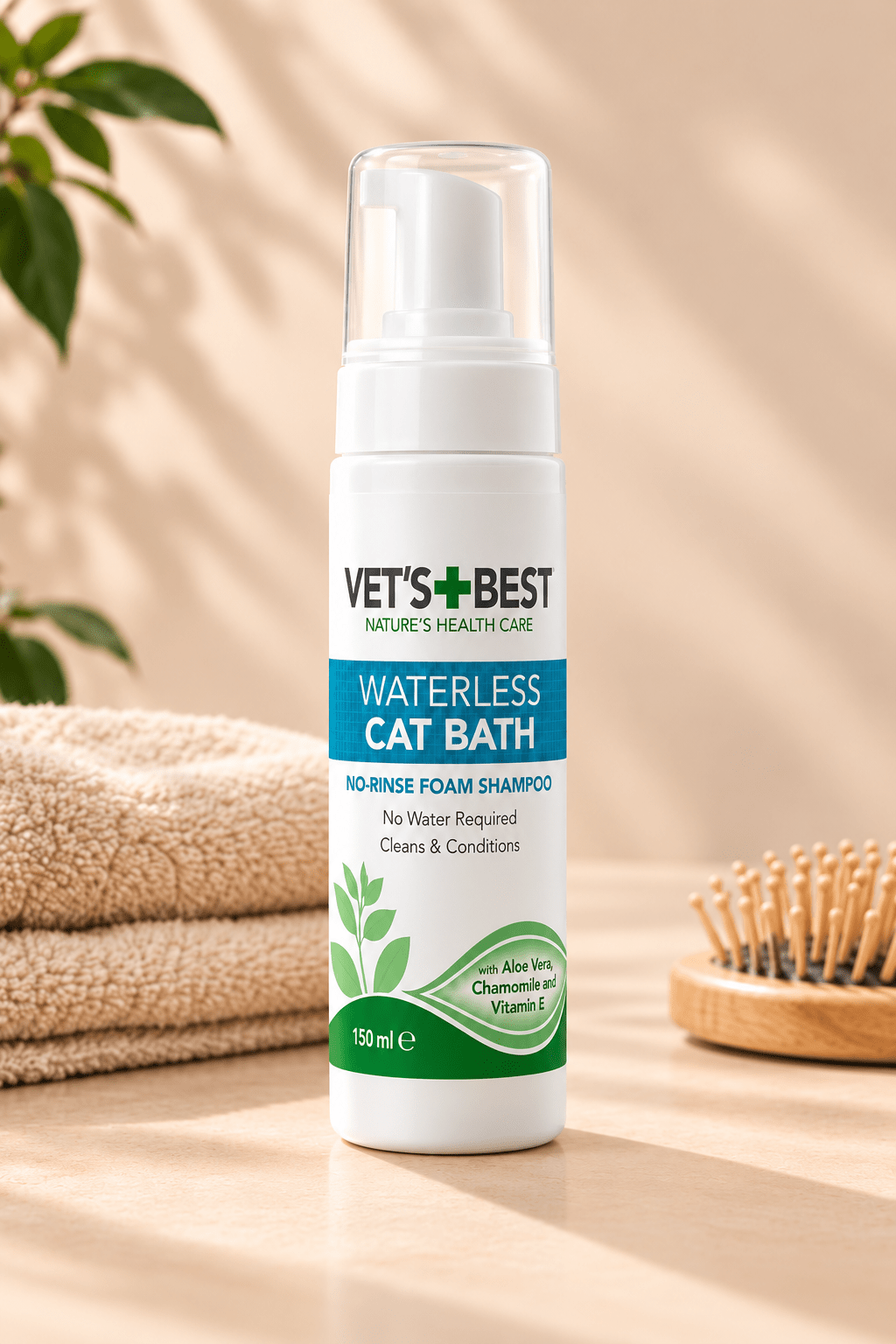 Witte Vet's Best droogshampoo voor katten 150 ml op lichtbeige ondergrond naast zachte handdoeken en houten verzorgingsborstel.