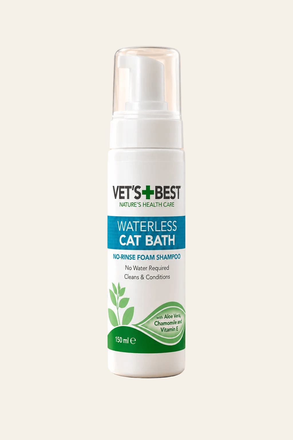 Vet's Best Waterless Cat Bath droogshampoo 150 ml in witte schuimpompflacon met turquoise en groen etiket voor katten.