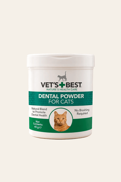 Vet's Best Dental Powder for Cats 45 gram in wit potje met groen etiket, kattenafbeelding en vermelding van gebitsverzorging.