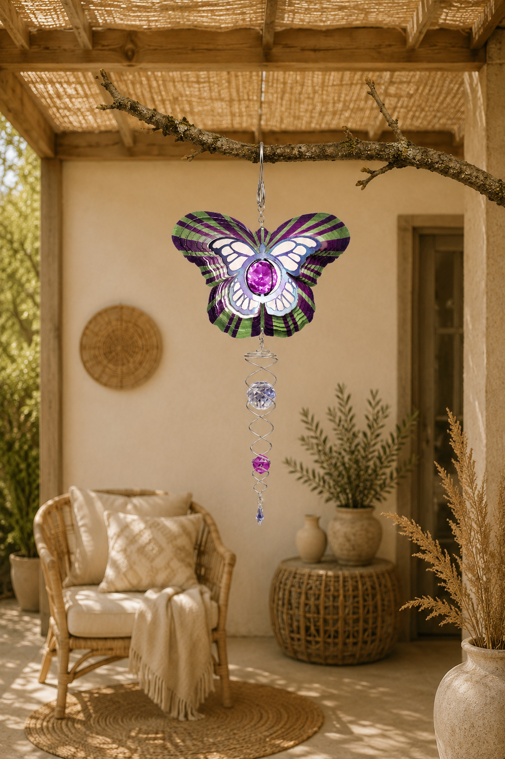 Vlinder in windspinner vorm met versiering hangend aan een tak met weerkaatsend zonlicht