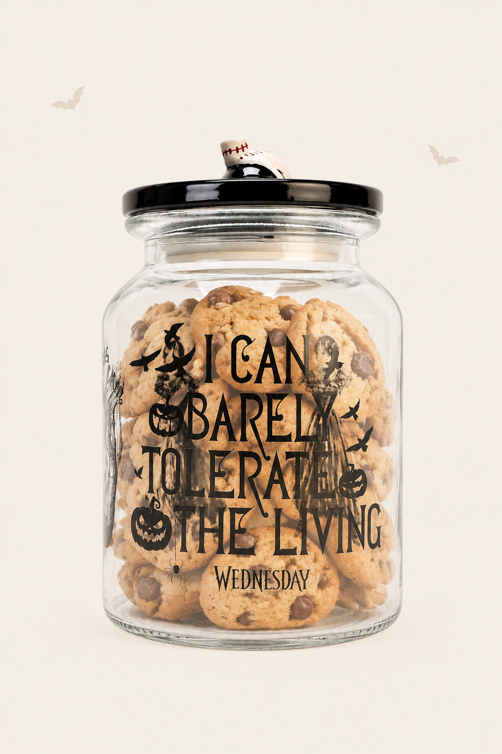 Voorraadpot wednesday addams in glas met deksel voor koeken