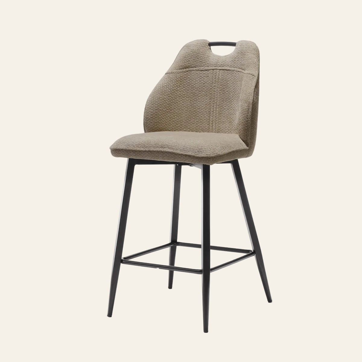Adele barkruk in taupekleur, vooraanzicht met ergonomisch gevormde zitting met rugleuning.