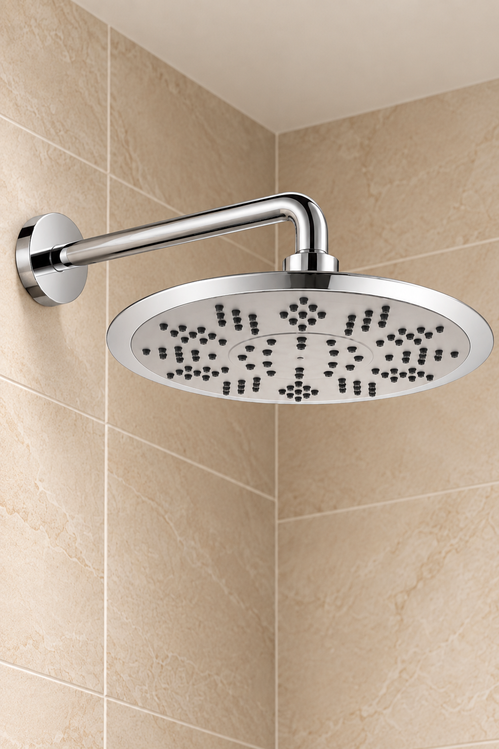 Waterbesparende ronde regendouche Ø 20 cm in chroom met luchtbijmenging en wandgemonteerde douchearm in beige badkamer