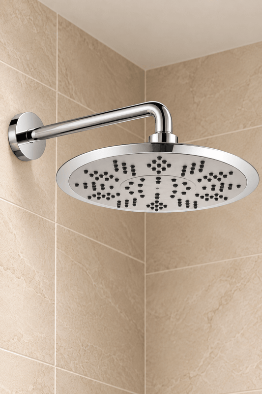Waterbesparende ronde regendouche Ø 20 cm in chroom met luchtbijmenging en wandgemonteerde douchearm in beige badkamer