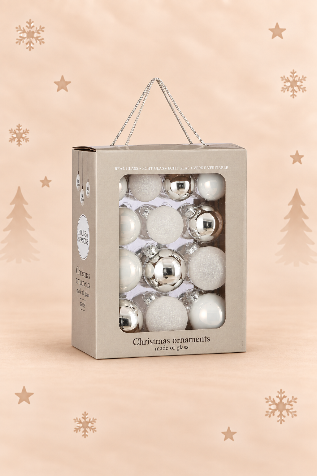 Set van 26 witte glazen kerstballen in 5, 6 en 7 cm met glanzende en glitterafwerking van House of Seasons