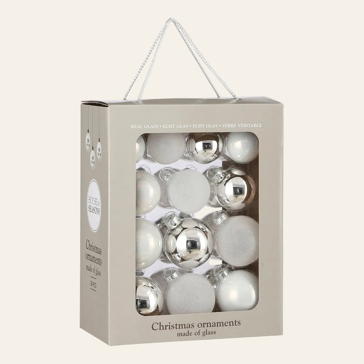 Witte glazen kerstballen set van 26 in 3 formaten in een doos met transparante vooraanzicht