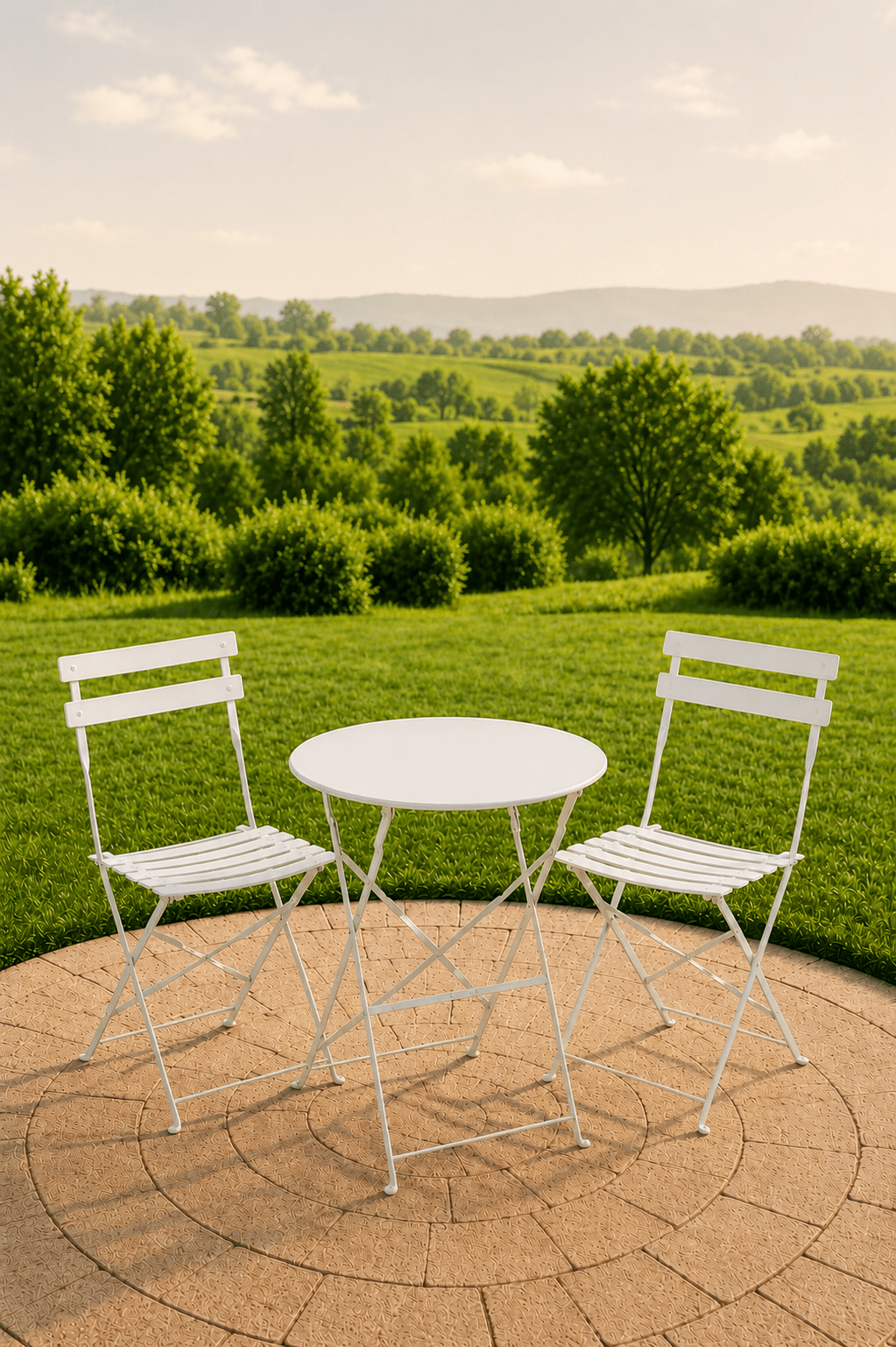 Witte metalen tuinbistroset met ronde tafel en twee stoelen op een betegeld terras met dieptezicht over een groen landschap
