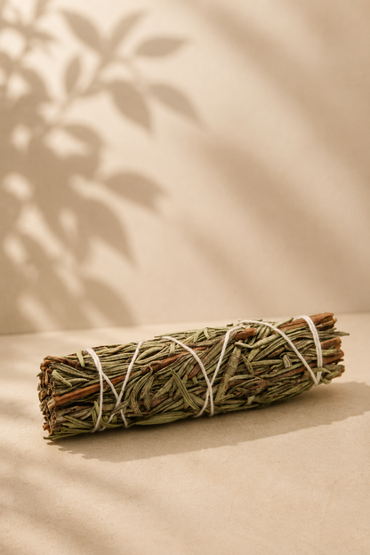Witte salie en lavendel smudge stick 22,5 cm op een beige achtergrond