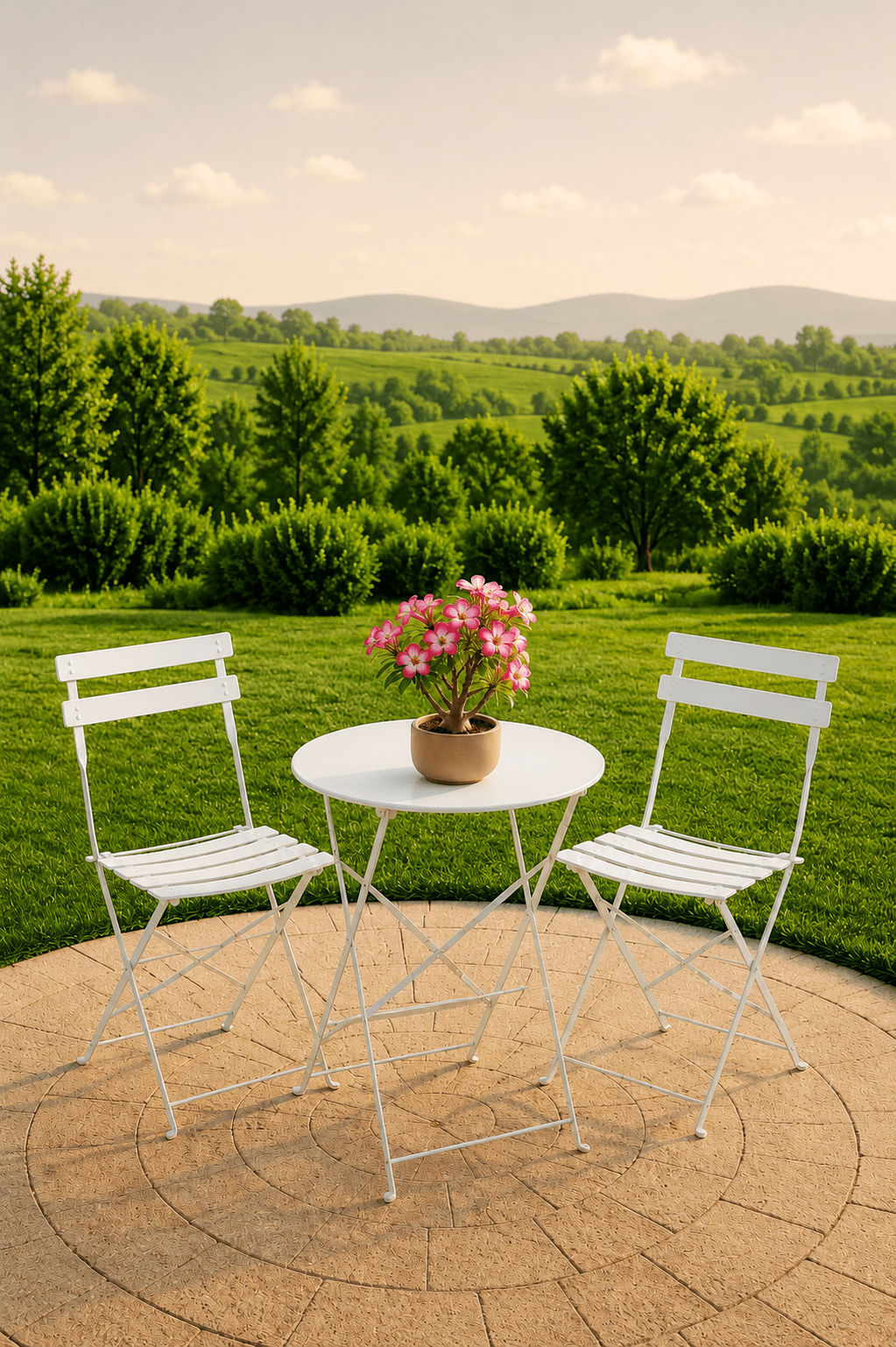 Witte metalen tuinbistroset met ronde tafel twee stoelen en roze bloemen op een terras met uitzicht over een groene tuin
