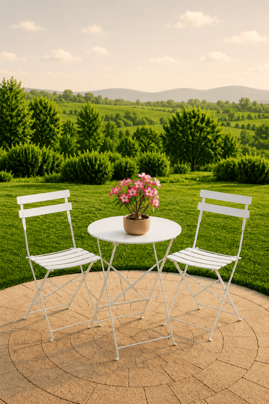 Witte metalen tuinbistroset met ronde tafel twee stoelen en roze bloemen op een terras met uitzicht over een groene tuin
