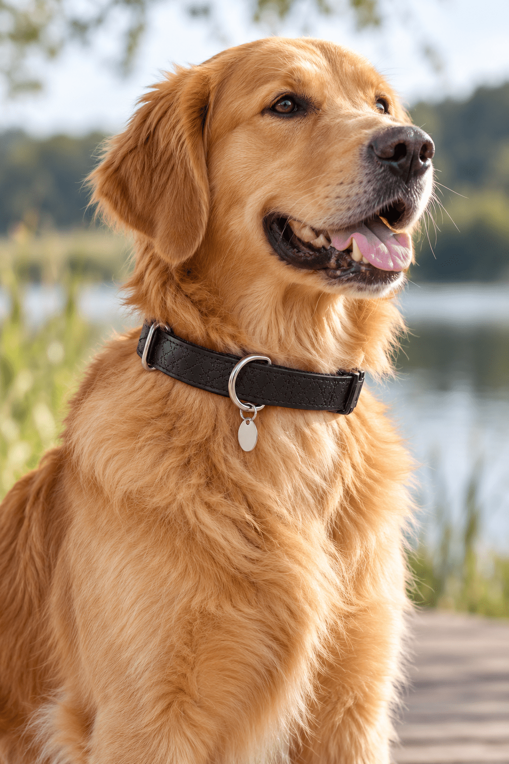 Golden retriever draagt een zwarte Zolux MacLeather hondenhalsband met decoratief patroon en zilverkleurig medaillon aan het water.