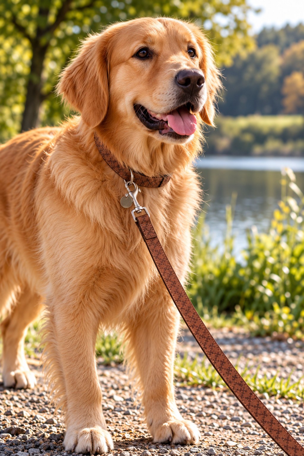 Golden retriever met bruine Zolux MacLeather hondenlooplijn tijdens een wandeling aan het water.