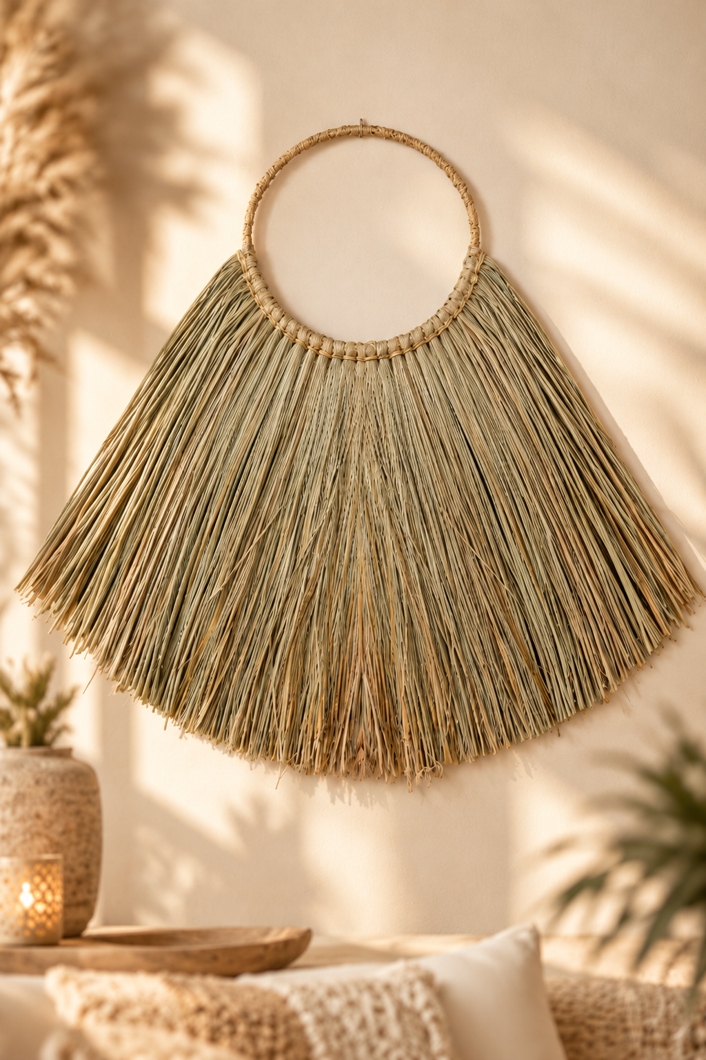 Bohemian wanddecoratie van natuurlijk zeegras in waaiervorm aan een beige muur in een sfeervol interieur met warme tinten en zachte achtergrond.