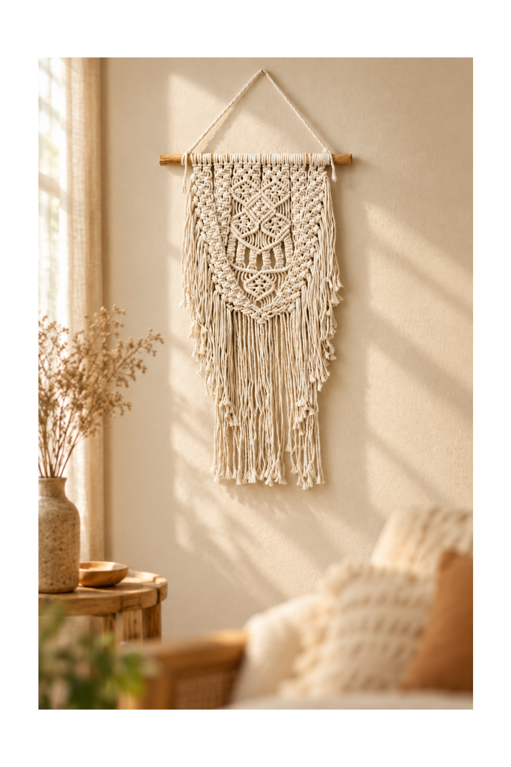 Macramé wanddecoratie Abundance aan een beige muur in een sfeervolle bohemian woonkamer met natuurlijke materialen en een zacht geblurde achtergrond.