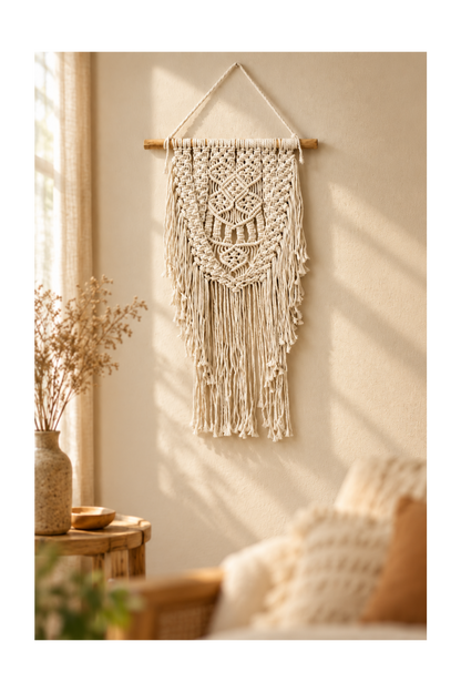 Macramé wanddecoratie Abundance aan een beige muur in een sfeervolle bohemian woonkamer met natuurlijke materialen en een zacht geblurde achtergrond.
