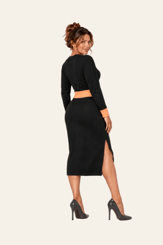 Achteraanzicht van zwarte LMB Boutique fluwelen damesset met blouse en kokerrok.