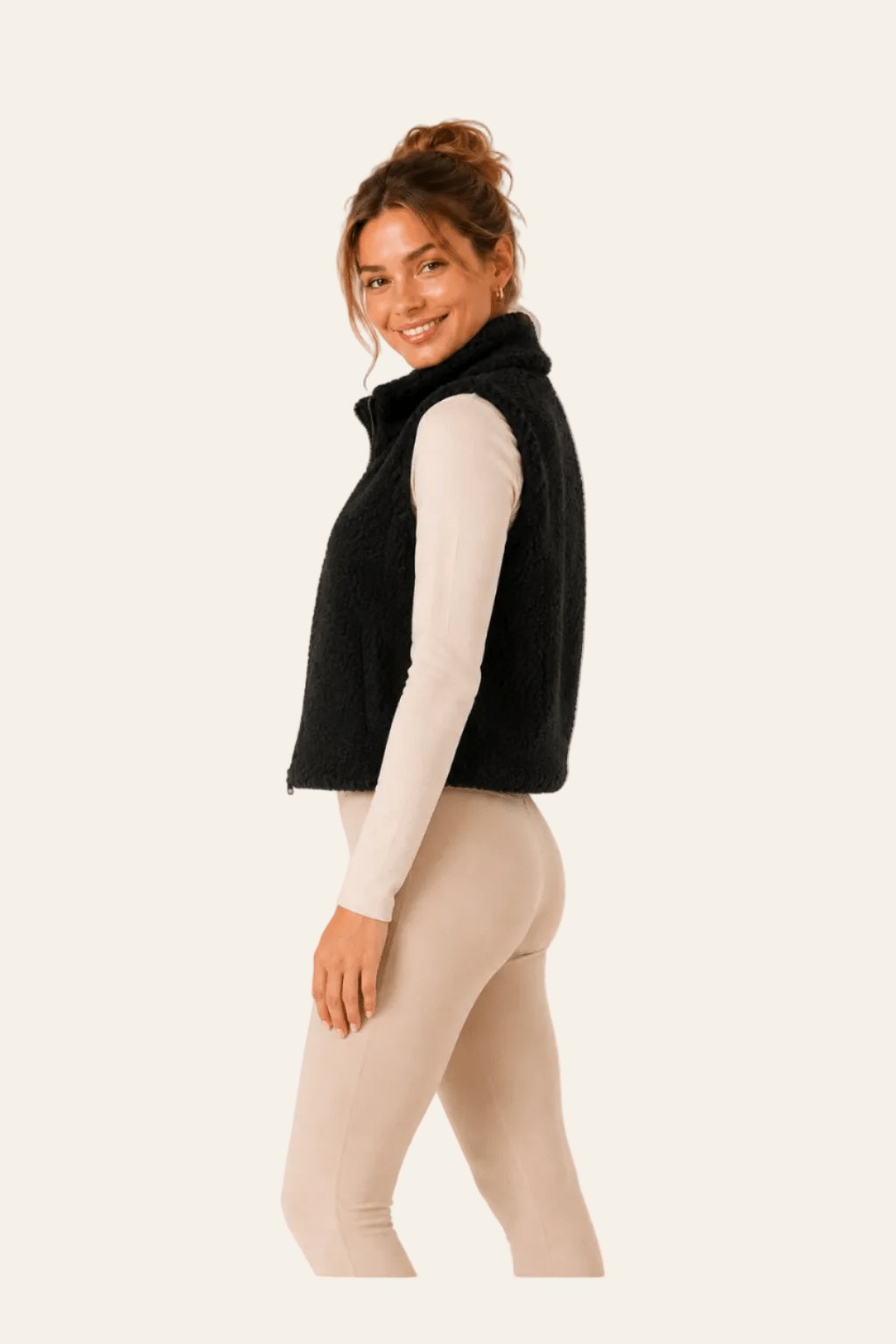 Zwarte damesbodywarmer in bontlook met ritssluiting