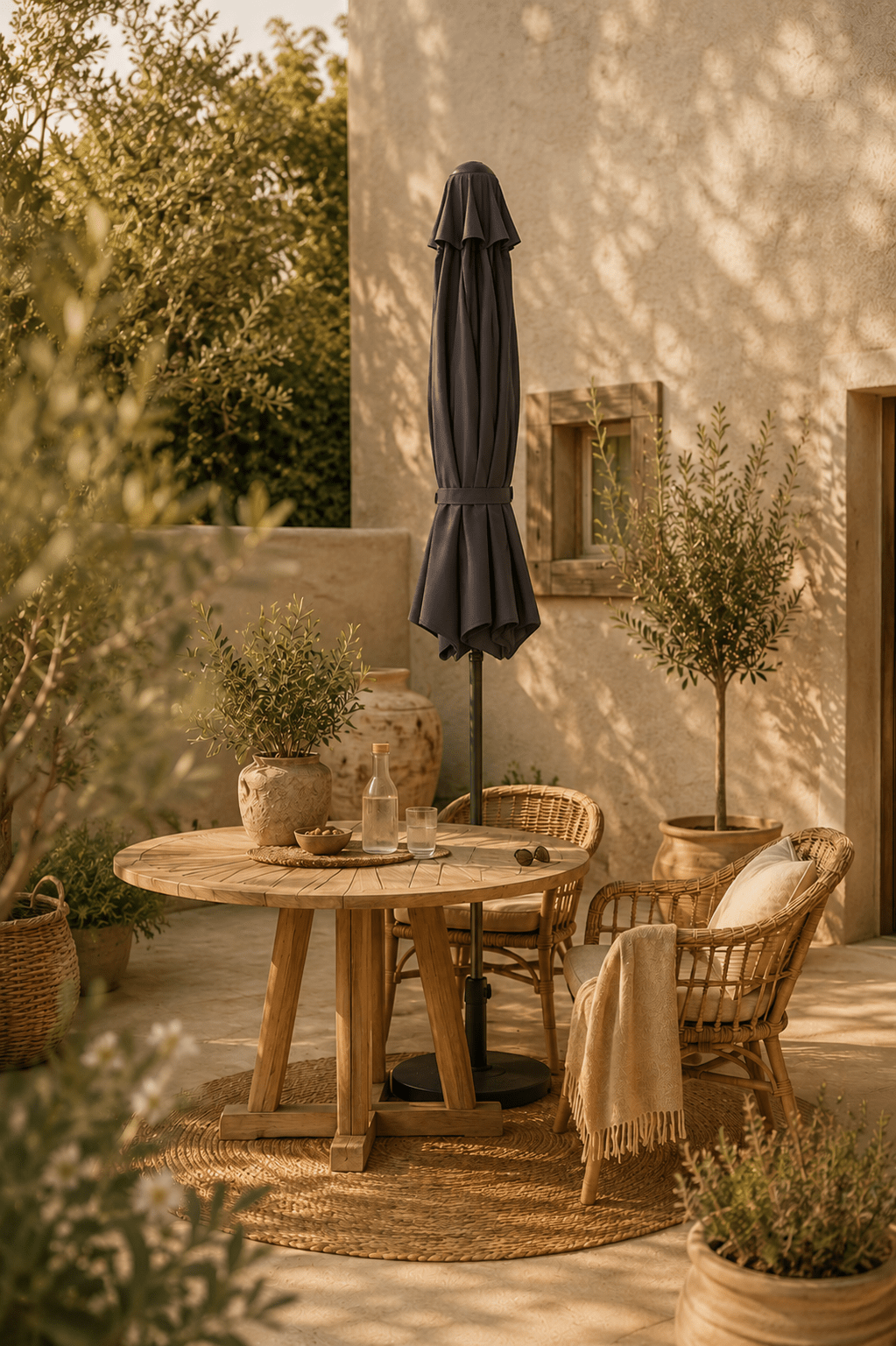 Zwarte dichtgeplooide parasol met slinger en kantelingsfunctie naast een houten tafel op een gezellig terras