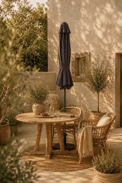 Zwarte dichtgeplooide parasol met slinger en kantelingsfunctie naast een houten tafel op een gezellig terras