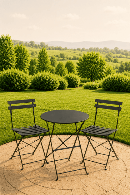 Zwarte metalen tuinbistroset met ronde tafel en twee stoelen op een betegeld terras met dieptezicht over een groen landschap

