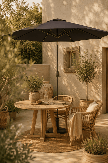 Zwarte parasol met slinger en kantelingsfunctie opgesteld naast een houten tafel op een terras