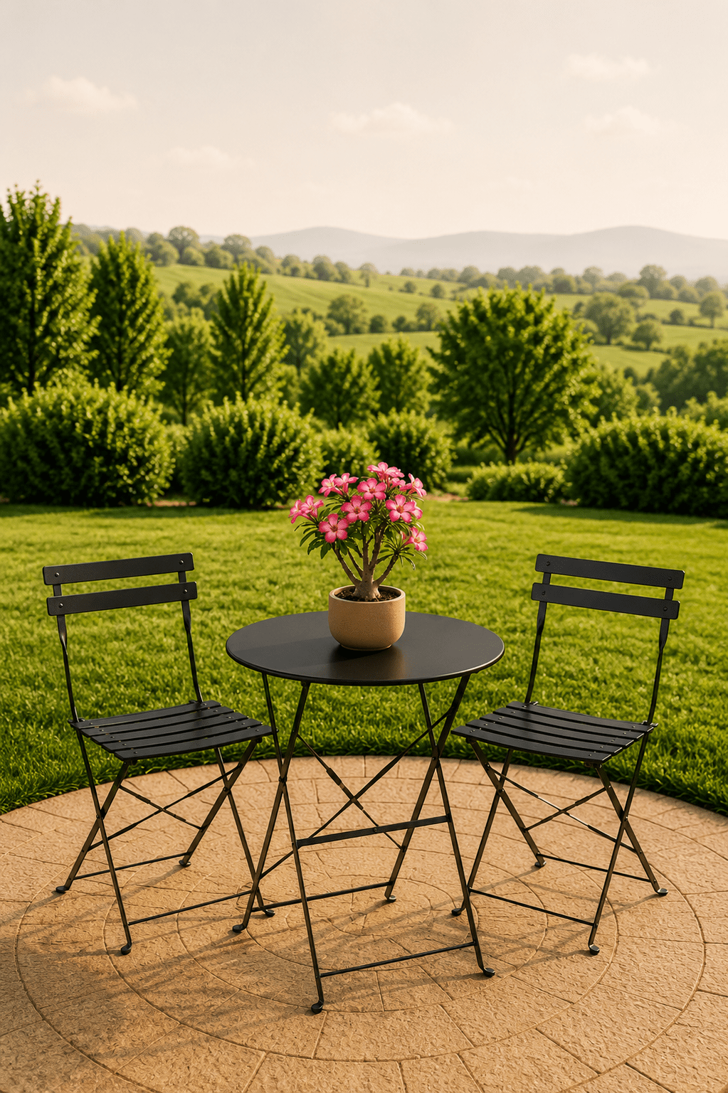 Zwarte metalen tuinbistroset met ronde tafel twee stoelen en roze bloemen op een terras met uitzicht over een groene tuin
