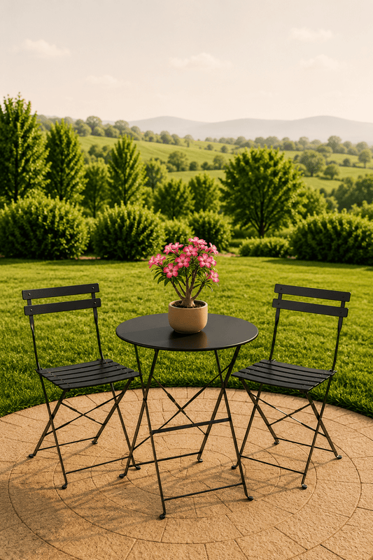 Zwarte metalen tuinbistroset met ronde tafel twee stoelen en roze bloemen op een terras met uitzicht over een groene tuin
