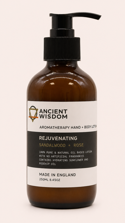 Aromatherapie hand en bodylotion met sandelhout en roos