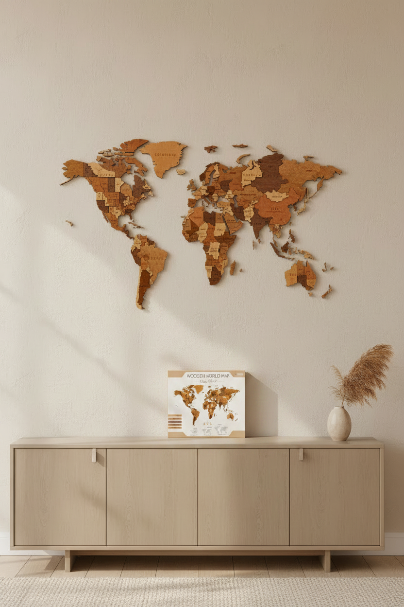 Houten wandpuzzel wereldkaart