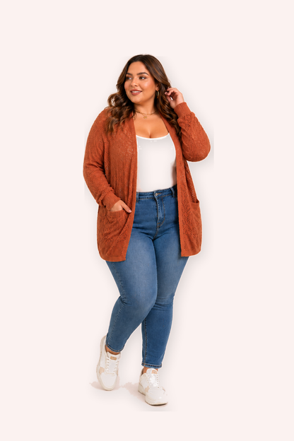Roodbruine gebreide open cardigan