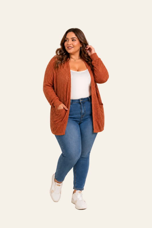 Roodbruine gebreide open cardigan