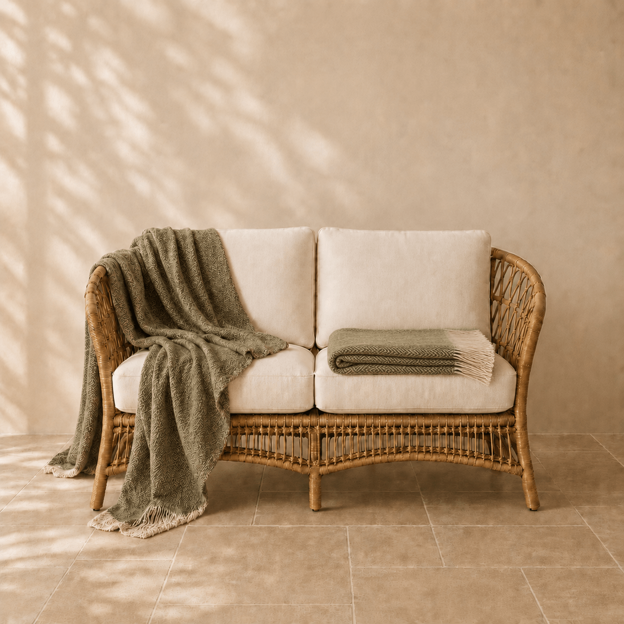 Denver wollen plaid in olijfgroenkleur 140 × 200 cm, met aandacht voor materiaal, structuur en proportie.