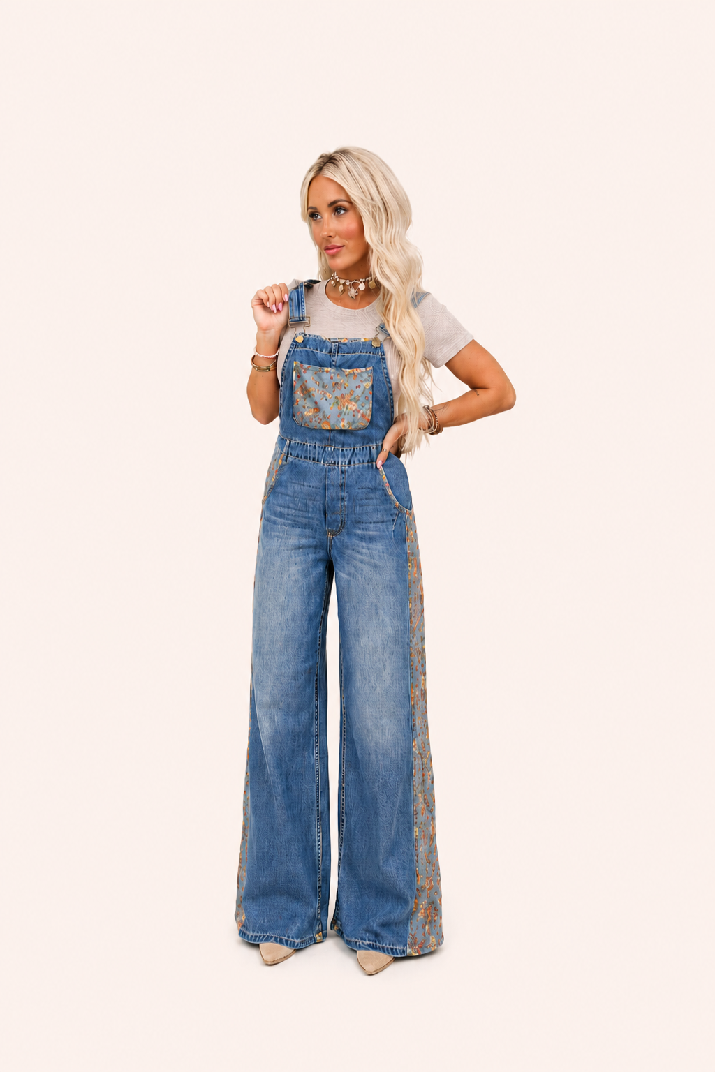 Denim tuinbroek met bloemenprint en brede pijpen