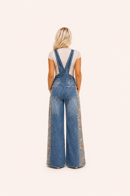 Denim tuinbroek met bloemenprint en brede pijpen
