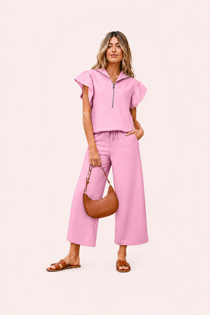 Tweedelige set top met ruches en wijde broek