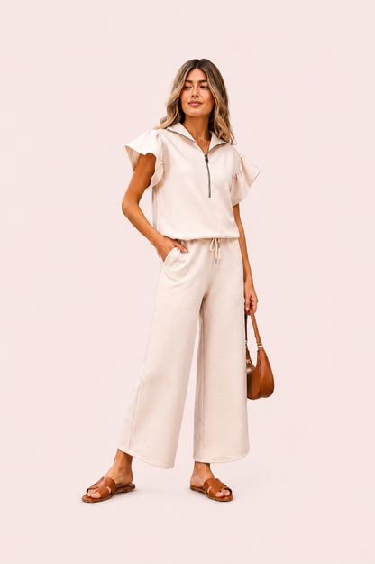 Tweedelige set top met ruches en wijde broek