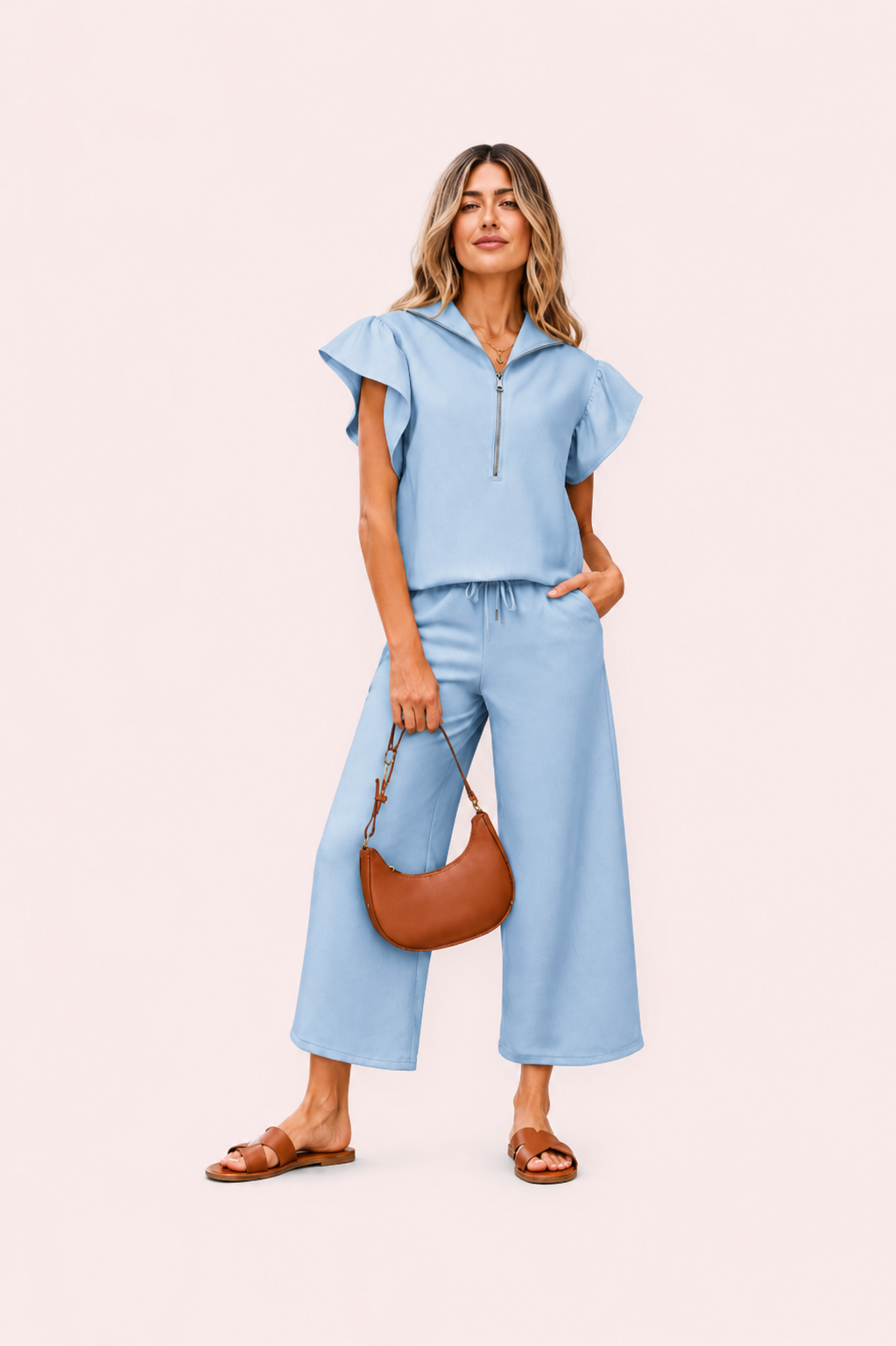 Tweedelige set top met ruches en wijde broek