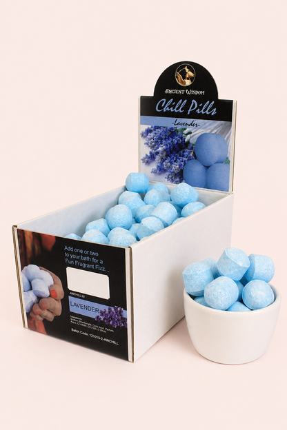 Doos met mini badbruisballen met lavendelgeur