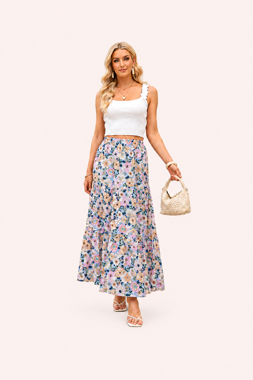 Lichtblauwe boho maxirok met zijsplit en bloemenprint