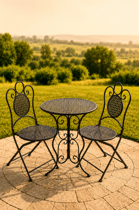 Tuinbistroset in grijs metaal met ronde tafel en 2 stoelen