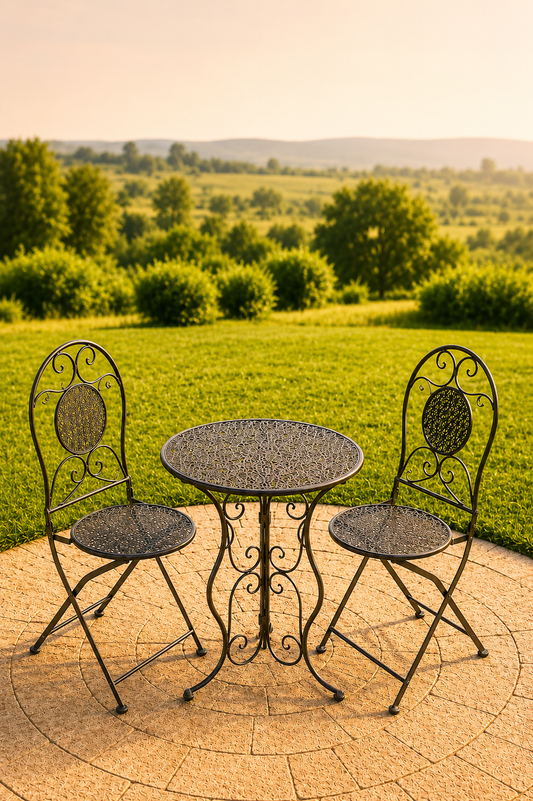 Tuinbistroset in groen metaal met ronde tafel en 2 stoelen