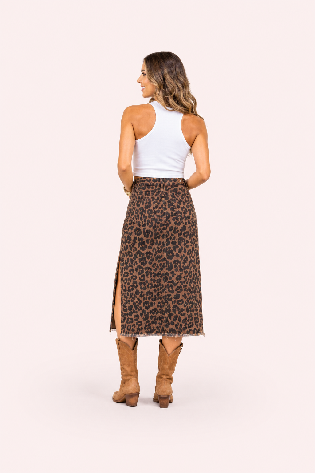 Denim midi rok met luipaardprint